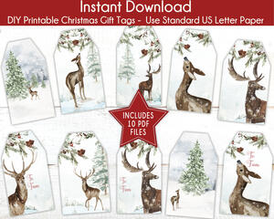 DIY Winter Woodland Deer Gift labels. This shows the ten various designs included in your purchase.
